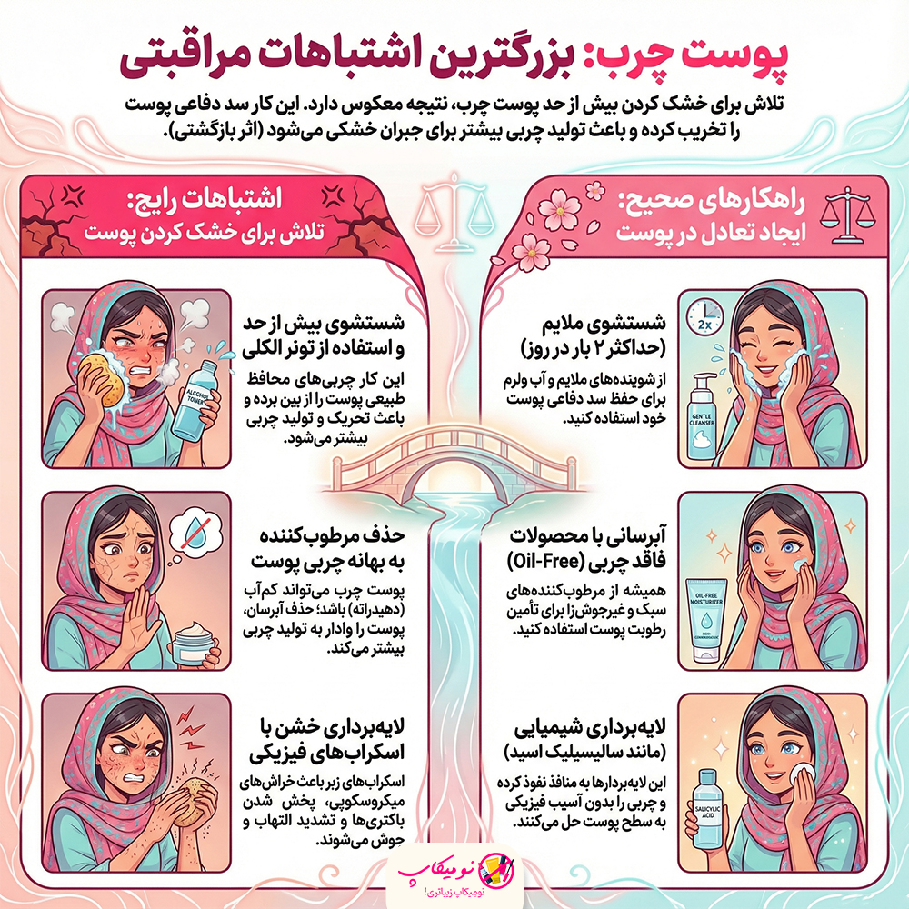 اشتباهات مراقبت از پوست چرب که باعث جوش و چربی بیشتر میشوند را بررسی میکنیم و راه حل صحیح را یاد میگیریم.