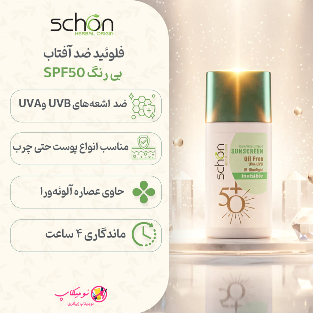 خرید فلوئید ضد آفتاب بی رنگ شون Dew Shield با Spf50،با ماندگاری 4 ساعت،بدون رد سفیدی و چربی با تضمین اصالت و ارسال رایگان از نومیکاپ