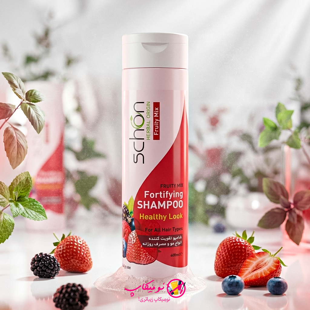 schon-fruity-mix-fortifying-shampoo-400ml خرید شامپو تقویت کننده فروتی میکس شون مناسب انواع مو با خاصیت تقویتکنندگی، ضد گره و افزایش شفافیت؛ همراه با تضمین اصالت کالا و ارسال رایگان از نومیکاپ